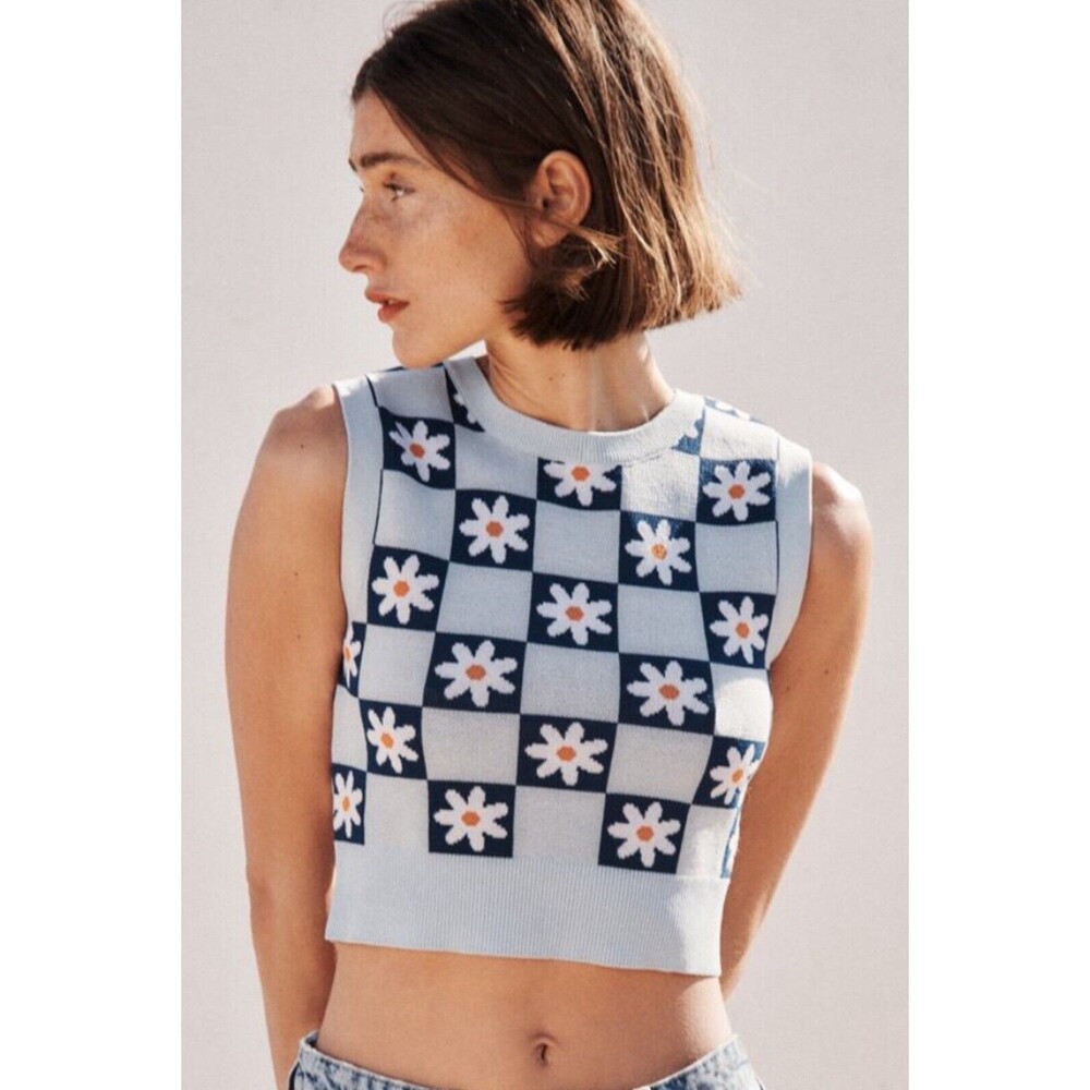 Zara Sleeveless Crop Top Women's Size Small Light Blue Floral Print Pullover